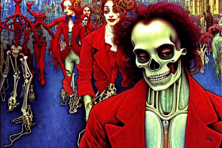 Image similar to realistic detailed closeup portrait painting of a single skeleton wearing red velvet blazer in a crowded futuristic moscow street by Jean Delville, Amano, Yves Tanguy, Alphonse Mucha, Ernst Haeckel, Edward Robert Hughes, Roger Dean, rich moody colours, blue eyes