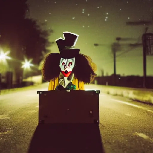 Prompt: a clown in the middle of the street at night, dash cam footage