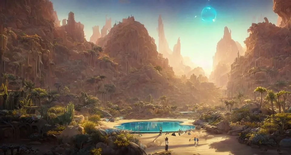 Prompt: a beautiful desert oasis!!!! with crystal clear water surrounded by derelict skyscrapers and a ringed planet in the sky, by wlop and peter mohrbacher, extremely detailed shading, concept art, digital painting, trending on artstation, unreal engine 5, octane render, atmosphere, lens flare, glow, cinematic lighting, full of color