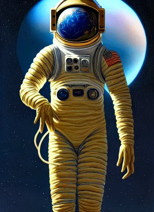 Image similar to extremely detailed, astronaut lush planet, full body, soft light, golden glow, diffuse lighting, fantasy, intricate, surrealism!!!!, highly detailed, lifelike, photorealistic, digital painting, artstation, illustration, concept art, smooth, sharp focus, by greg rutkowski, chris tulloch mccabe, valentina remenar and asher duran,