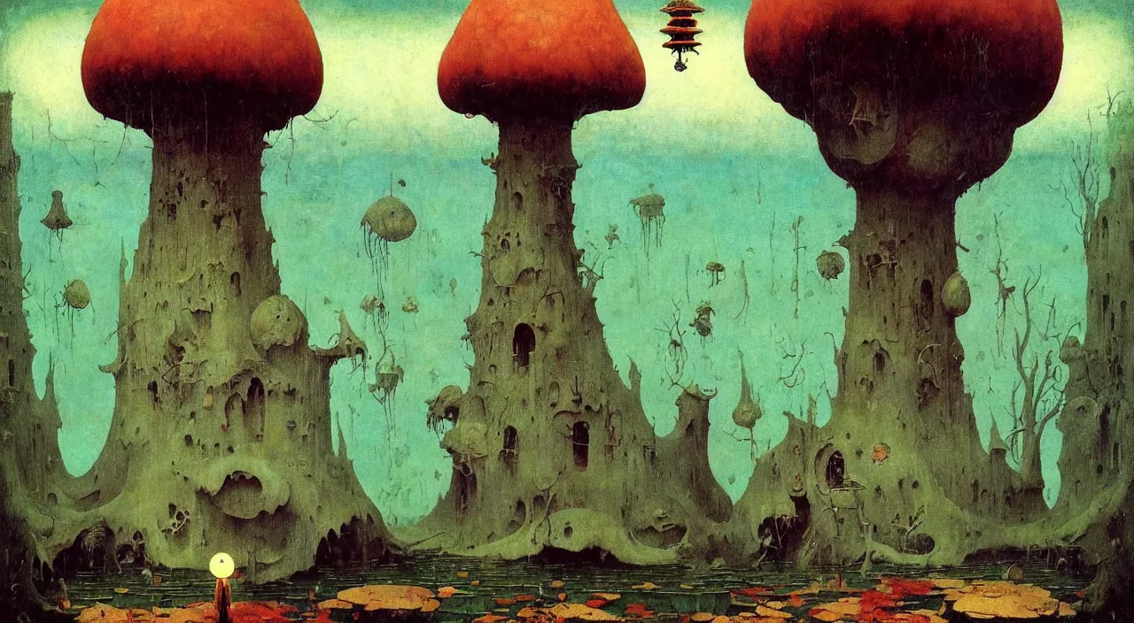 Image similar to single flooded simple!! ( lovecraftian ) toadstool tower anatomy, very coherent and colorful high contrast masterpiece by norman rockwell franz sedlacek hieronymus bosch dean ellis simon stalenhag rene magritte gediminas pranckevicius, dark shadows, sunny day, hard lighting