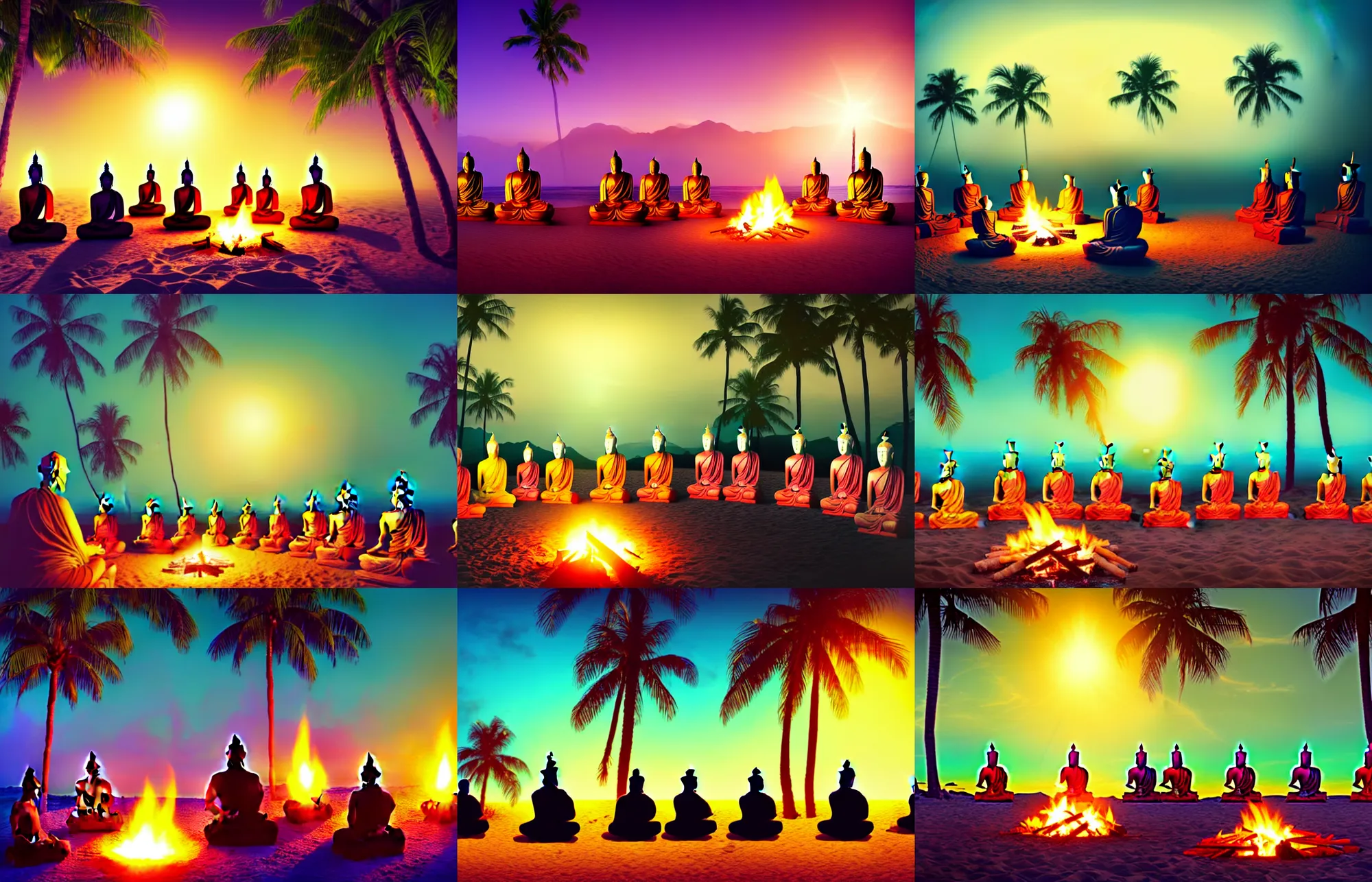 Prompt: seven buddhas sitting in a circle around a campfire at the beach with palm trees in the back, gloom haven, matte painting concept art, beautifully backlit, vibrant color, detailed