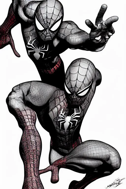 Image similar to full body portrait of spiderman, concept art, sumi - e style, intricate linework, artstation, trending, highly detailed, smooth, focus, art by yoji shinkawa and glenn fabry,