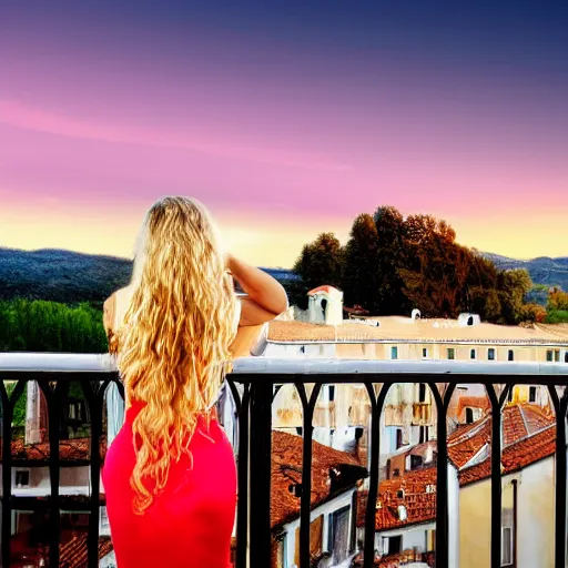 Image similar to gorgeous woman in a black backless dress stands on a Venice hotel balcony looking out in the distance, long wavy blonde hair Italian countryside, sunset, digital painting