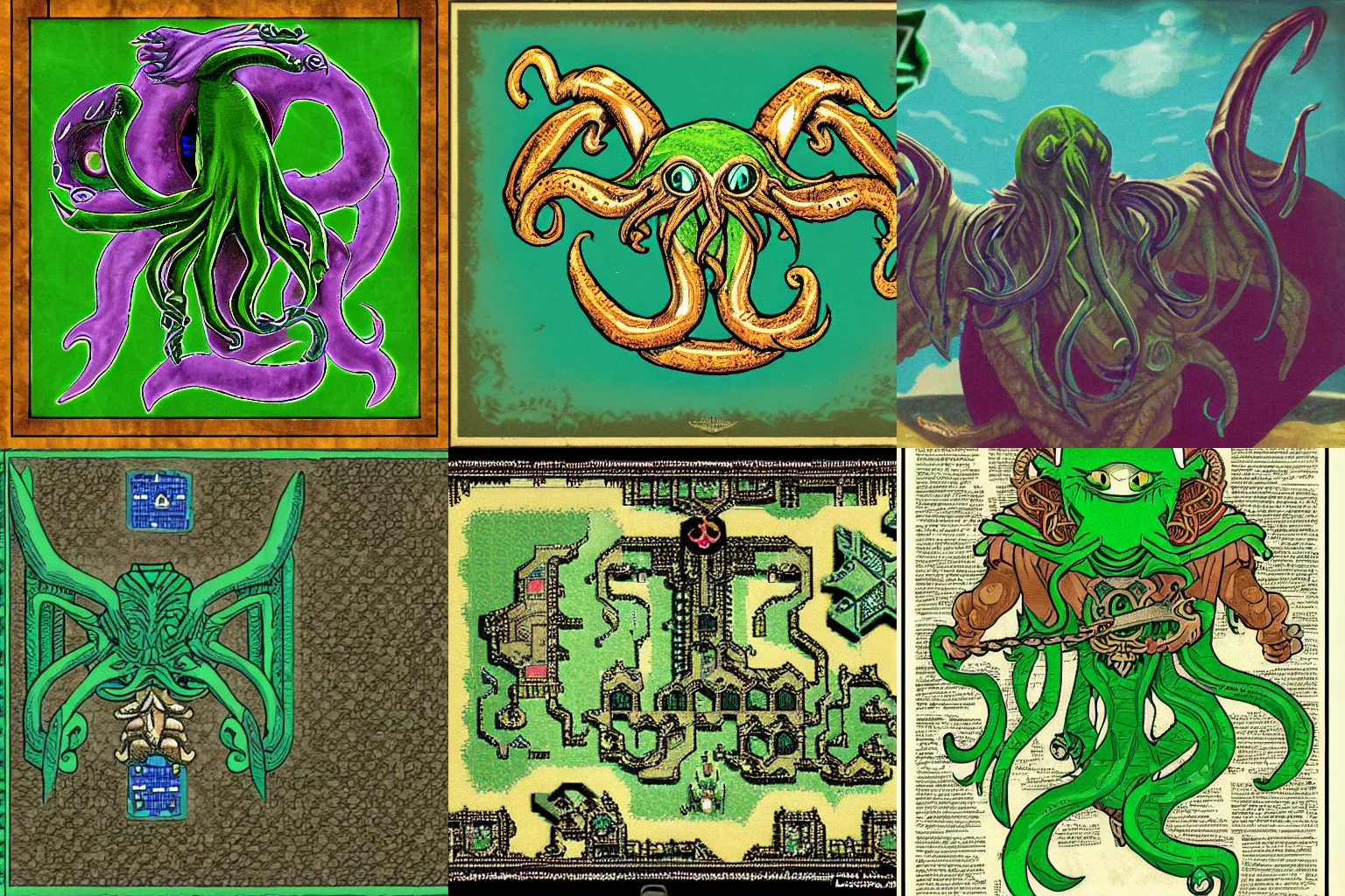 Prompt: Cthulhu in Zelda a Link to The Past. Overhead View.