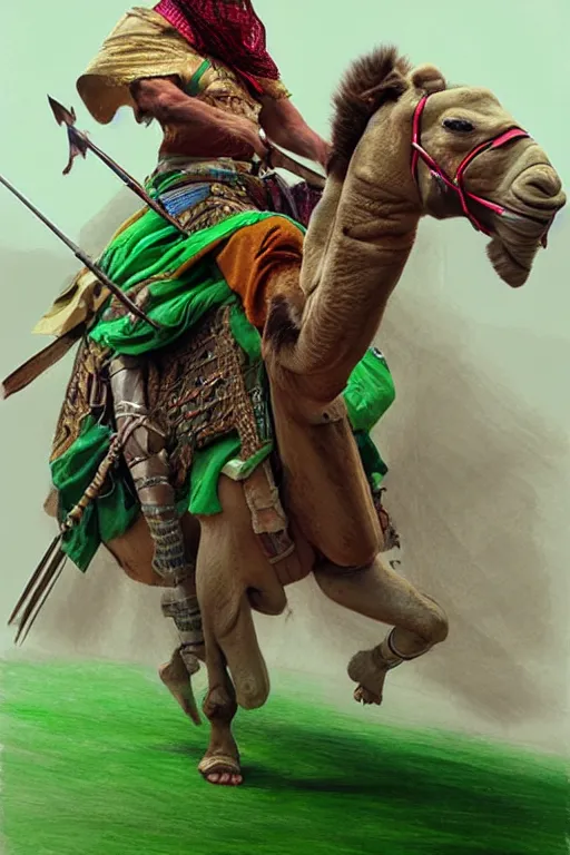 Image similar to arabian warrior, ride camel he use green turf and flag, realistic, sketch and art by jacqueline e, color by bo feng lin