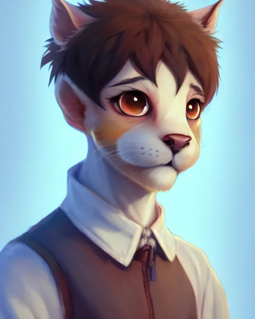 Image similar to character concept art of a cute young male anthropomorphic furry | | cute - fine - face, pretty face, key visual, realistic shaded perfect face, fine details by stanley artgerm lau, wlop, rossdraws, james jean, andrei riabovitchev, marc simonetti, and sakimichan, trending on artstation