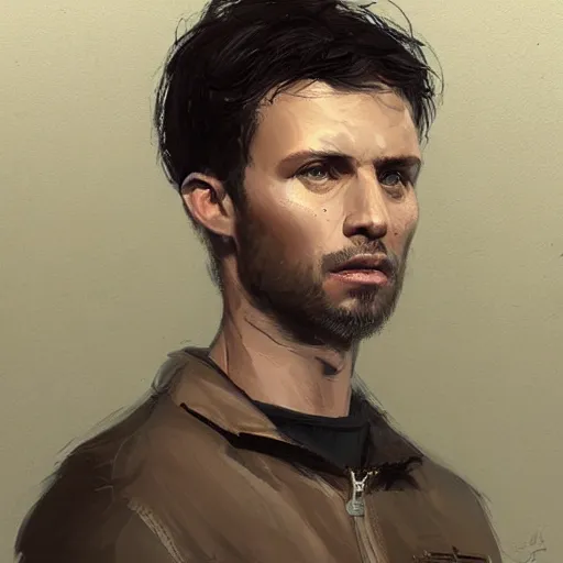 Image similar to Portrait of a man by Greg Rutkowski, he is about 30 years old, short black hair with bangs, his features are a mix between French, Turkish and Russian and he is wearing a beige and black utility jumpsuit, highly detailed portrait, digital painting, artstation, concept art, smooth, sharp foccus ilustration, Artstation HQ.