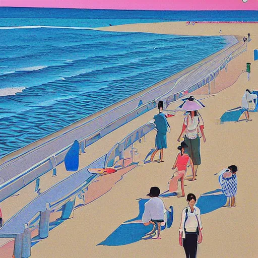 Image similar to a beautiful painting of a sunny day at the empty beach by hiroshi nagai and hirohiko araki, detailed line art