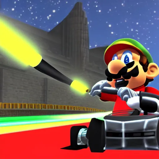 Prompt: a picture of darth vader character in mario kart