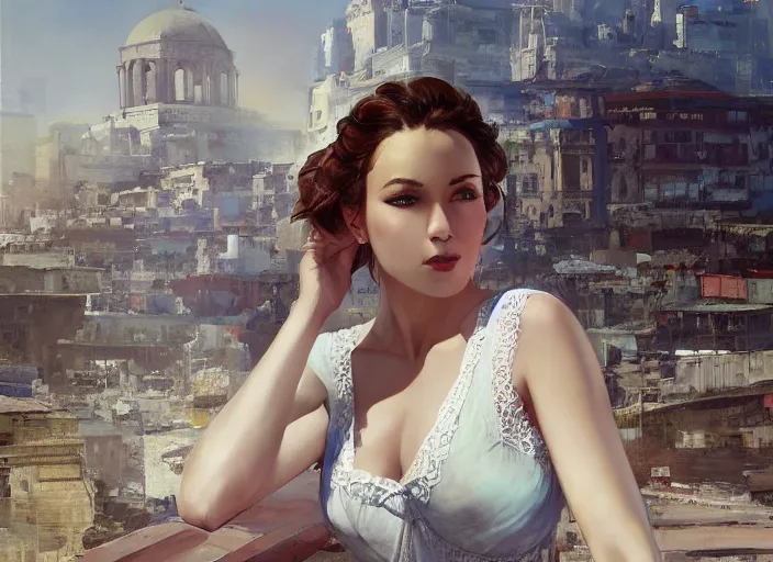 Image similar to painting of a beautiful woman with white flowing lace linen with a greek town in the background by yoji shinkawa frank frazetta, charlie bowater, magali villeneuve, j. c. leyendecker, ray - traced lighting, ultra realistic, detailed,