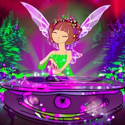 Prompt: a fairy dj playing turntables in a rave party at a magical forest, pop digital art style