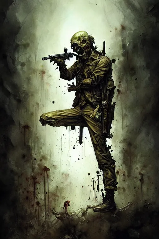 Image similar to zombie soldier | esoteric symbolism | jean - baptiste monge, esao andrews, bastien lecouffe - deharme, tim jacobus, ken currie | ultra - detailed realism, soft cinematic lighting, hi - fructose, artstation, high - quality, ink watercolors wes anderson poster art