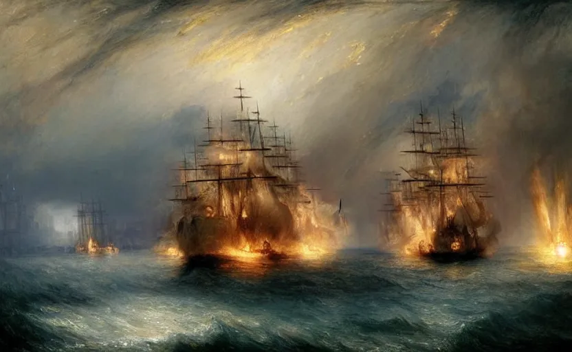 Image similar to epic naval battle, pirate galleons. by artstation trending, by joseph mallord william turner, luis royo, konstantin razumov, cinematic lighting, fractal flame, highly detailed