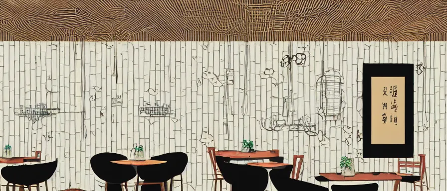 Image similar to a beautiful interior view illustration of a small roasted string hotpot restaurant in yan'an city, restaurant wall paper is a tower on a mountain, rectangle white porcelain table, black chair, animation illustrative style, from china, simple style structure decoration design, victo ngai, james jean, 4 k hd