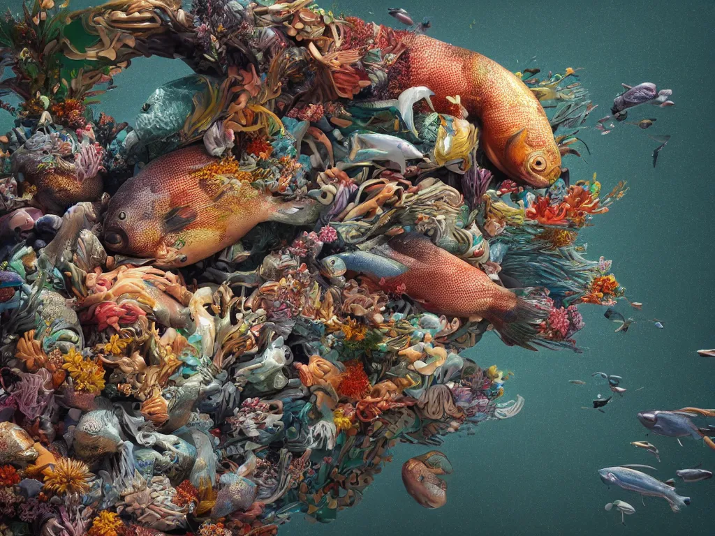 Image similar to a sculpture of fish ocean intertwined, a lovely cornucopia of flowers and human body parts, body parts, highly detailed, octane render, cinematic, shock, sharp focus