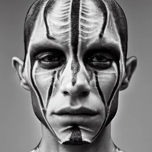 Image similar to a close up portrait of a beautiful athletic young male alien with his skin covered in spiderweb tattoos , photographed by erwin olaf, artistic