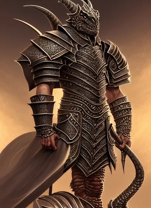 Image similar to intricate ornate heavy armor!!! muscular and tall dnd male dragonborn!! draconian!! character concept art, sharp focus, octane render! unreal engine 5! highly rendered!! trending on artstation!! detailed linework!! illustration by artgerm, wlop, and chie yoshii