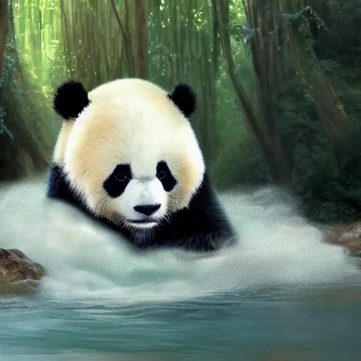 Prompt: Epic portrait an fluffy cute panda playing with water near a green river, nature, digital painting, artstation, concept art, soft light, hdri, smooth, sharp focus, illustration, fantasy, intricate, elegant, highly detailed, D&D, matte painting, in the style of Greg Rutkowski and Alphonse Mucha and artemisia, 8k, highly detailed, jurgens, rutkowski, bouguereau, pastoral, rustic, georgic, detailed concept art, illustration, colorful pastel, painting, detail, ultra detailed, digital art, 4K,