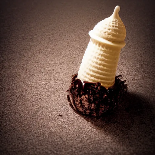 Image similar to detailed, textured, color photograph of a levitating chocolate ice cream cone with huge, hairy spider legs. dramatic light.