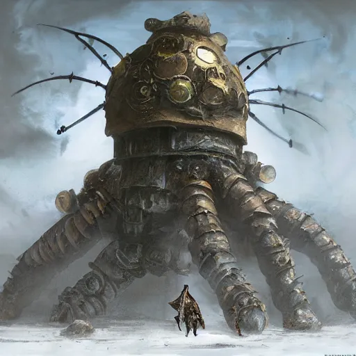 Image similar to giant armored ashigaru beetle war construct golem, glowing gnostic brian froud markings, magic and steam - punk inspired, in an ancient stone circle on a plateau in a blizzard, concept painting by jessica rossier, hr giger, john berkey