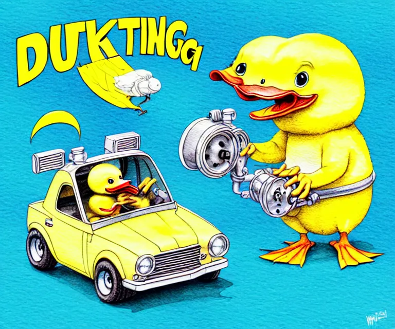 Image similar to cute and funny, duckling driving a tiny hot rod with an oversized engine, ratfink style by ed roth, centered award winning watercolor pen illustration, isometric illustration by chihiro iwasaki, edited by craola, tiny details by artgerm and watercolor girl, symmetrically isometrically centered