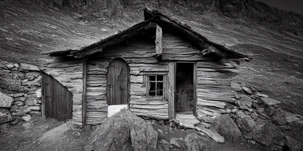 Prompt: photography of an old alpine hut, hay monster crawling out the door, alp, dolomites, alpine, detailed intricate insanely detailed octane render, 8k artistic 1920s photography, photorealistic, black and white, chiaroscuro, hd, by David Cronenberg, Raphael, Caravaggio