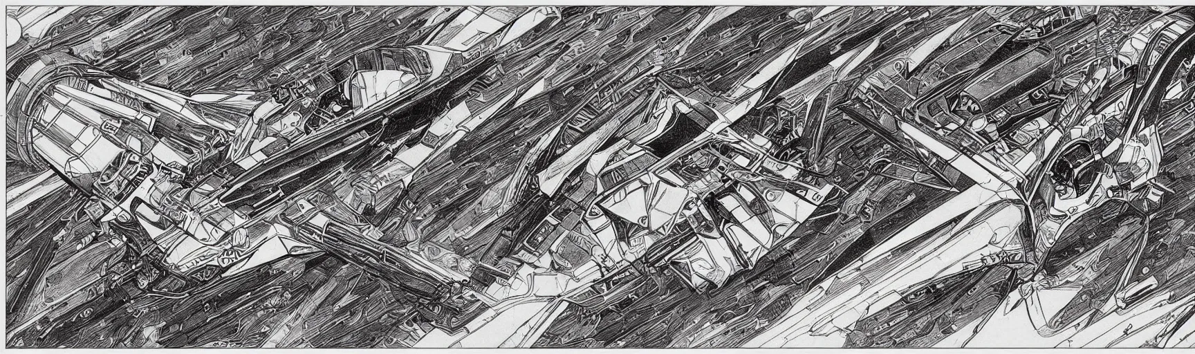 Prompt: A black and white sketch of a spaceship. sleek angular space cruiser. retro ship design. wires and mechanical parts. intricate detail. colourful art by moebius.