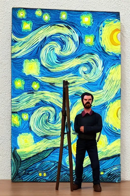 Image similar to joyous, fit, powerful, vincent van gogh standing next to his small painting starry night which is on an easel, stop motion vinyl action figure, plastic, toy, butcher billy style