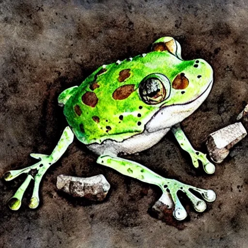 Image similar to archaeological artifact. photograph. watercolor painting. frog. frog. frog. death and decay. cemetery; exposed bones. elephant graveyard; cartilage. ancient burial ground. frog frog frog!