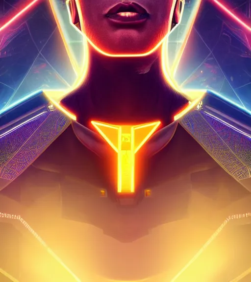 Image similar to symmetry!! egyptian prince of technology, solid cube of light, hard edges, product render retro - futuristic poster scifi, lasers and neon circuits, brown skin man egyptian prince, intricate, elegant, highly detailed, digital painting, artstation, concept art, smooth, sharp focus, illustration, dreamlike, art by artgerm