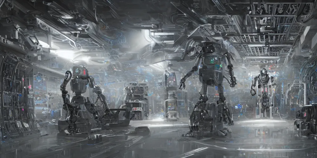 Image similar to robot bionical parallax volumetric coherent colossal ruined server room in datacenter portrait symmetrical face by eddie mendoza blender robot figure automata drone robot welder posing pacing fixing mono sharp focus, emitting diodes, racks, system unit, artstation cgsociety artofmtg hyperrealism cinematic dramatic painting concept art of detailed character design