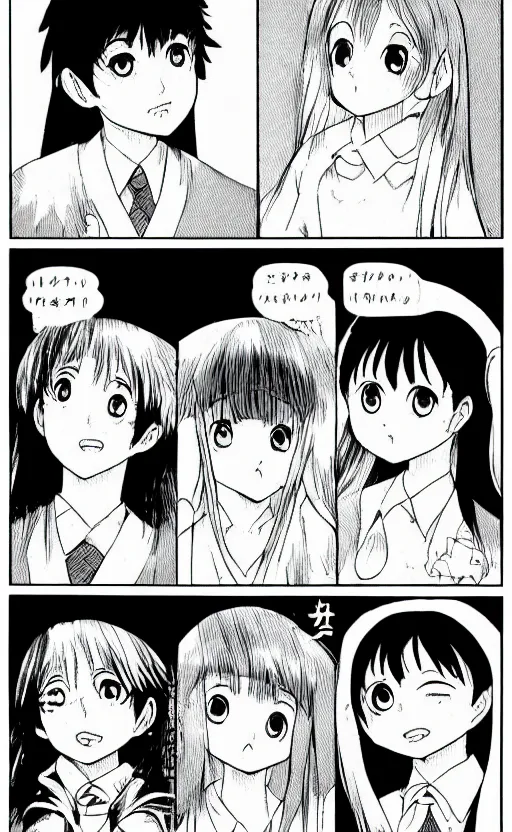 Image similar to multi-panel manga comic by Naoko Takeuchi and Junji ito, four panel black and white 4-koma, School comedy shoujo manga