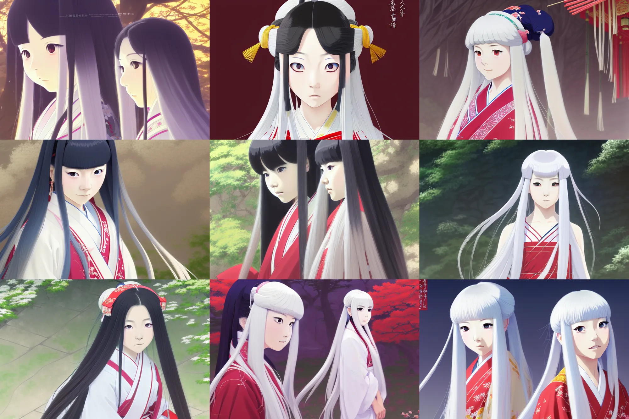 Prompt: portrait of a young japanese girl with long white hair in traditional clothing at a shrine, fine detailed features, trending on pixiv fanbox, ilya kuvshinov makoto shinkai takashi takeuchi studio ghibli, akihiko yoshida, 4 k