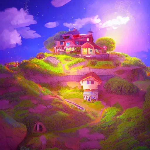 Image similar to beautiful 3 d painting of a colourful house on a hilltop at midnight with small fireflies flying around, in the style of studio ghibli, artstation, unreal engine