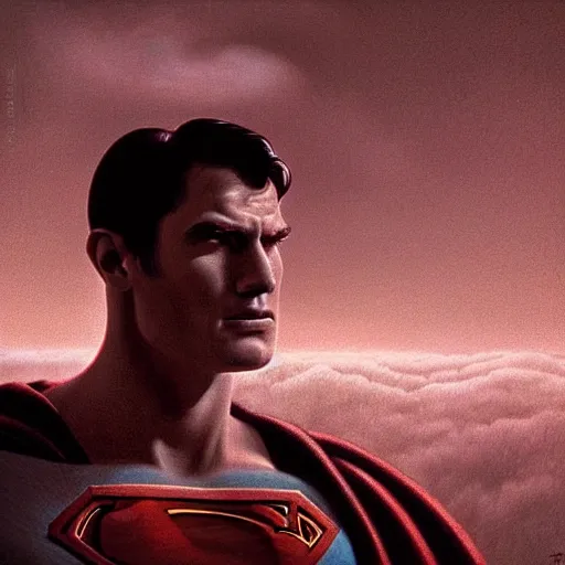 Prompt: masterpiece closeup portrait of Superman in a surreal dream landscape, cinematic lighting, in the style of Zdzislaw Beksinski