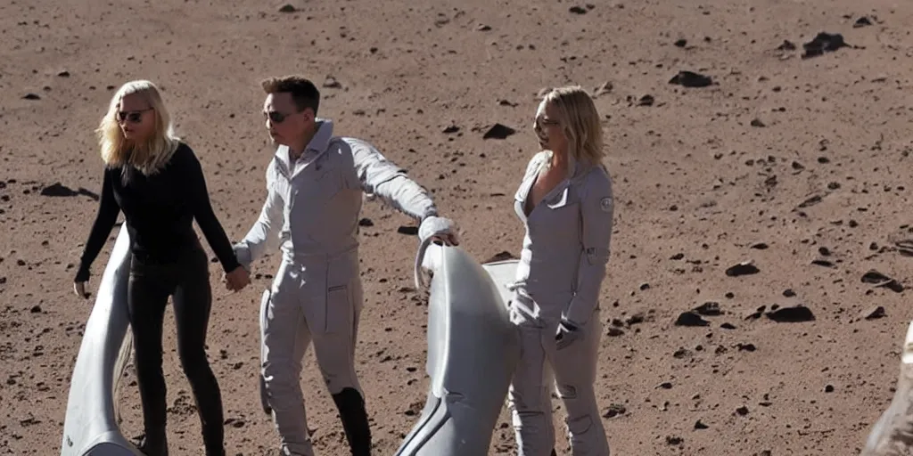 Image similar to elon musk and margot robbie holding hands on mars, highly detailed, hyper realistic