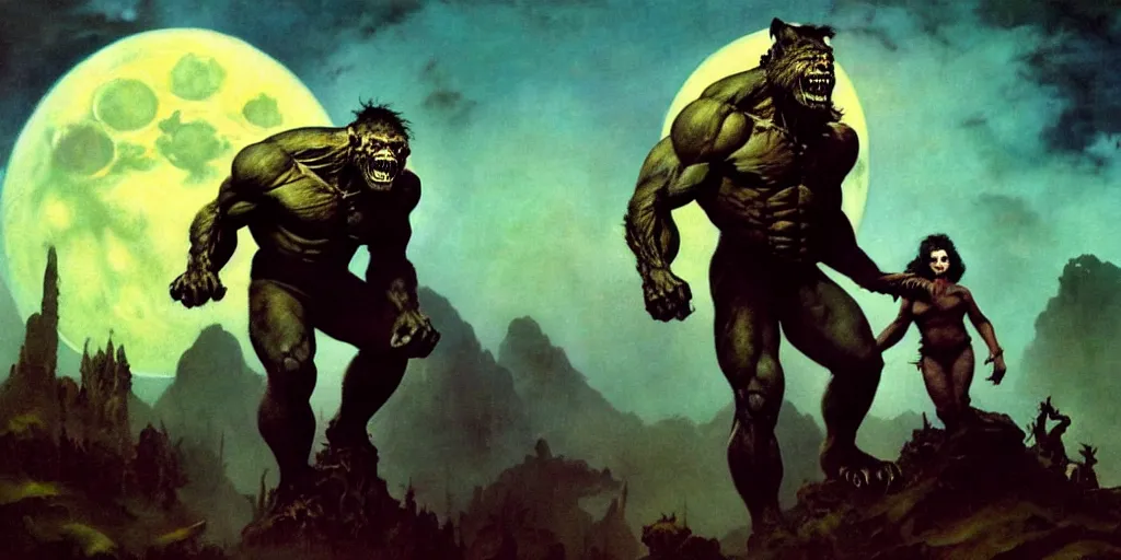 Image similar to by frazetta , panoramic close up of realistic oversized werewolf with frankenstein and mummy, epic pose , full body backlight ,top light ,full body portrait ,highly textured oil painting ,jungle ,cyan graveyard with backlight from the moon ,foggy background ,with dramatic sky ,clouds and giant oversized moon and storm