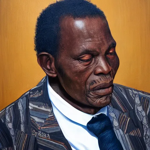 Image similar to a painting of a XXL Loving, caring, generous, ever-present, humble, wise elder from Kenya in a suit by Kehinde Wiley . Fatherly/daddy, focused, loving, leader, relaxed,. ethereal lights, details, smooth, sharp focus, illustration, realistic, cinematic, artstation, award winning, rgb , unreal engine, octane render, cinematic light, macro, depth of field, blur, red light and clouds from the back, highly detailed epic cinematic concept art CG render made in Maya, Blender and Photoshop, octane render, excellent composition, dynamic dramatic cinematic lighting, aesthetic, very inspirational, arthouse.