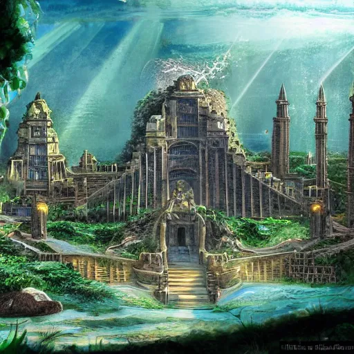 Prompt: Atlantis, the secret lost city, ancient tropical city, concept art