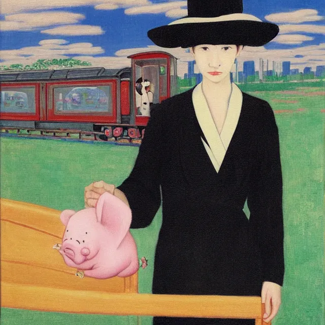 Image similar to tall emo female artist holding small portraits and piglet on a train, wearing a kimono, on yamanote line in japan, tokyo station, summer, sweat, ice coffee, pigs, octopus, acrylic on canvas, surrealist, by magritte and monet