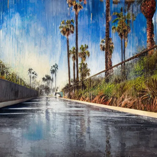 Prompt: intricate beautifully stunning picture of a concrete gully in Los Angeles, wet floor, sunny hazy sky, distant palm trees by Jeremy Mann, 4k, thick palette knife strokes, negative film, cross processing, over exposure, emulsion spots, grainy spots