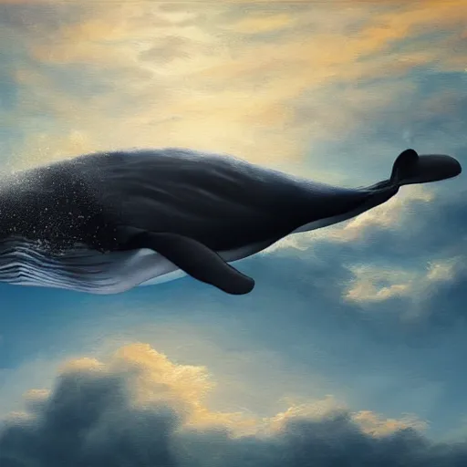 Prompt: illustration of a whale in the sky, realistic painting, classical painting, high definition, digital art, matte painting, very detailed, realistic