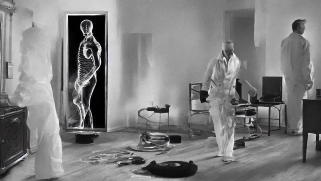 Image similar to an mri image of james cavell in the living room, film still from the movie directed by denis villeneuve with art direction by salvador dali, wide lens