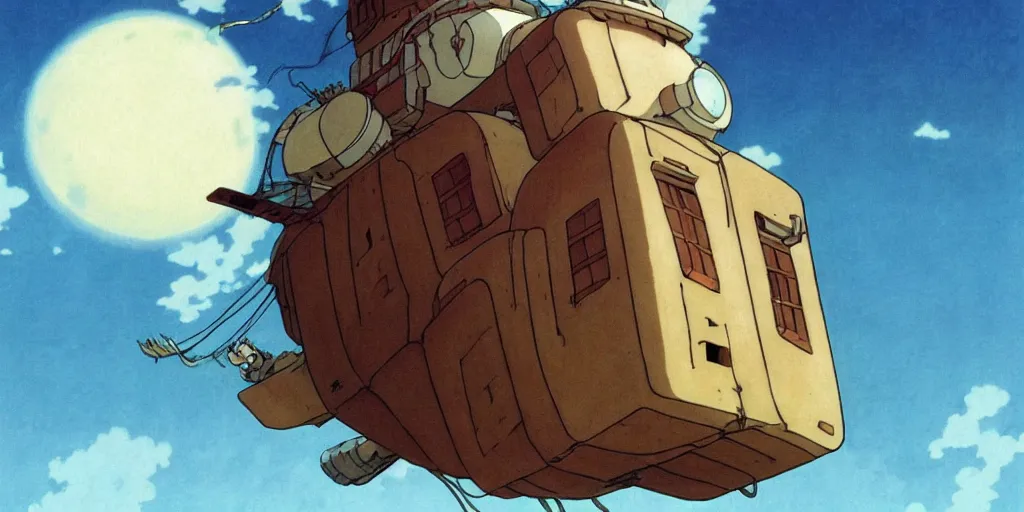 Prompt: a realistic cell - shaded studio ghibli concept art from howl's moving castle ( 2 0 0 4 ) of a floating cube from close encounters of the third kind ( 1 9 7 7 ). very dull colors, hd, 4 k, hq