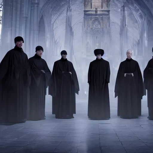 Prompt: a detailed matte painting of a group of 7 senior priests in black robes with their hood up and pitch black eyes, concept art, evil cathedral, incense smoke drifting through the air, portrait, artstation, volumetric lighting, exquisite detail, octane render, 8 k postprocessing