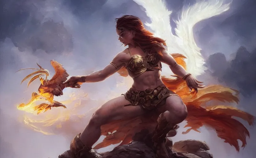 Image similar to A beautiful oil painting of an attractive young woman fighting a phoenix, by Lucas Graciano, Frank Frazetta, Greg Rutkowski, Boris Vallejo, epic fantasy character art, high fantasy, Exquisite detail, post-processing, low angle, masterpiece, cinematic
