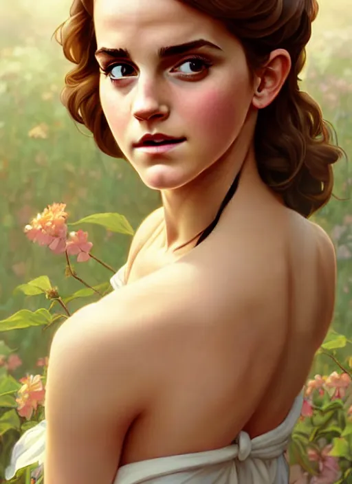 Image similar to cute buxom emma watson milkmaid, natural lighting, path traced, highly detailed, high quality, digital painting, by don bluth and ross tran and studio ghibli and alphonse mucha, artgerm
