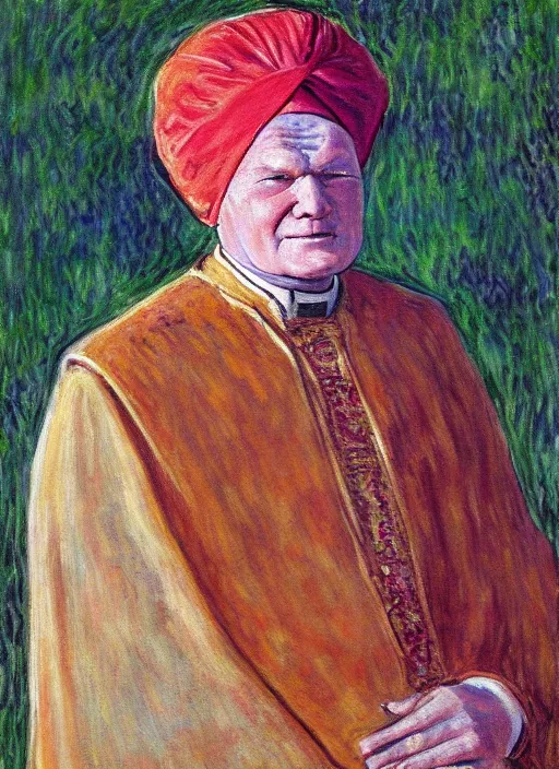 Image similar to portrait of john paul ii wearing piccolo's turban from dragon ball z by claude monet