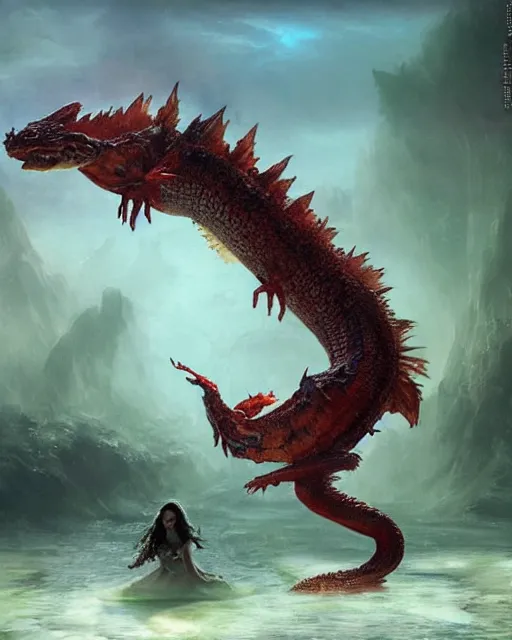 Prompt: ethereal, mysteriously beautiful giant huge kaiju sized pond dragon half fish half salamander, sea dragon, wet amphibious skin, red salamander, axolotl creature, pond, village by Ruan Jia and Gil Elvgren, fullbody